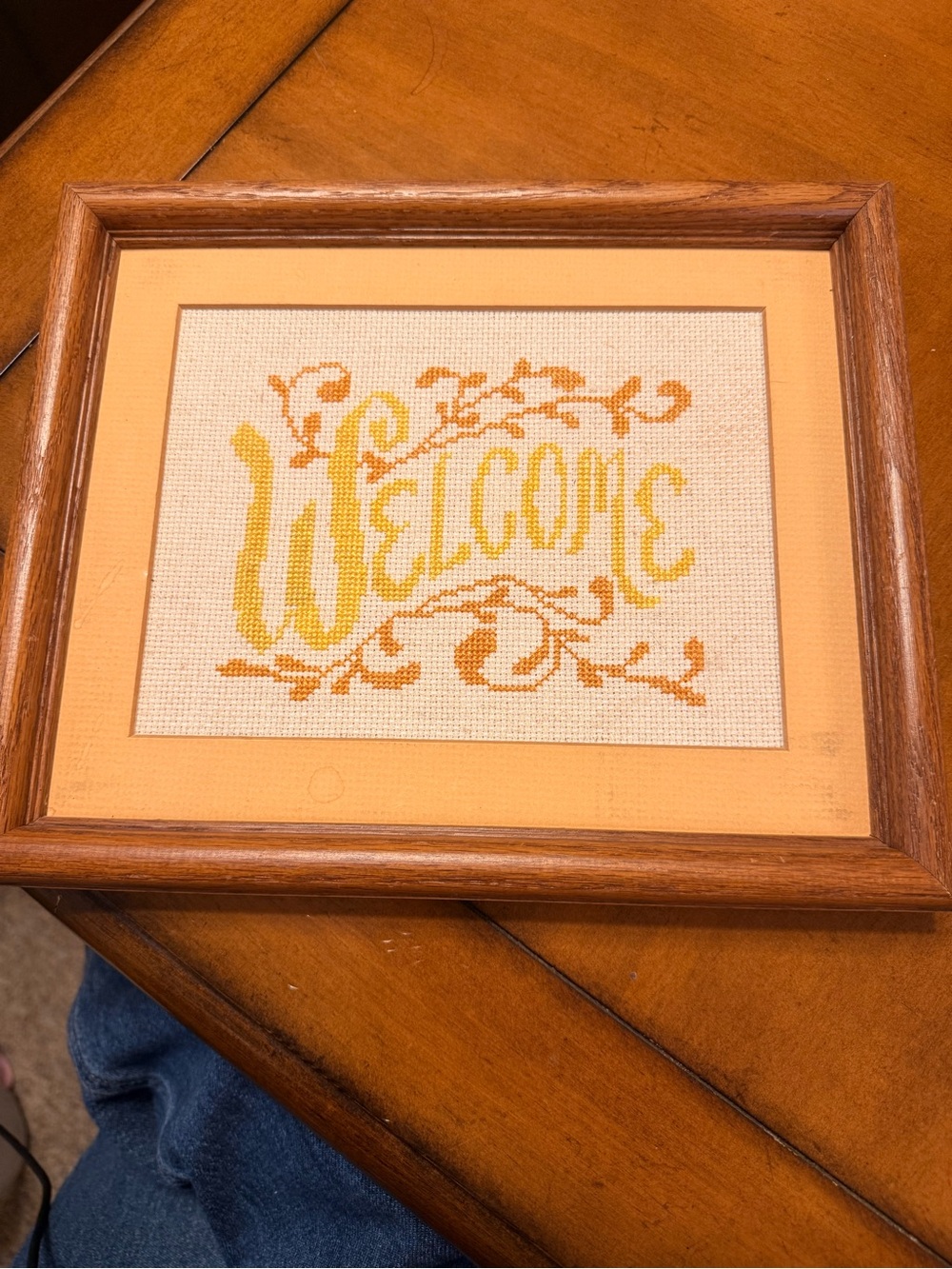 Vintage Wooden Framed Cross Stitch "Welcome" Sign With Scroll Design Cottage
